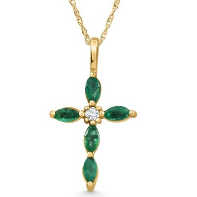 Pompeii3 1/2ct Emerald Marquise Diamond Necklace Cross Pendant 10K Yellow Gold 1" Tall