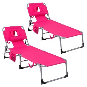 Costway 2 PCS Outdoor Beach Lounge Chair Folding Chaise Lounge with Pillow Pink - 1 of 4