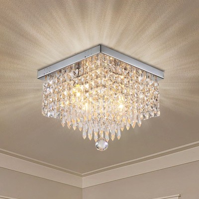 Ludomide Crystal Chandeliers Modern Square Flush Mount Ceiling Light Fixture 4-Light Flush Mount Raindrop Chandelier for Dining Room Closet