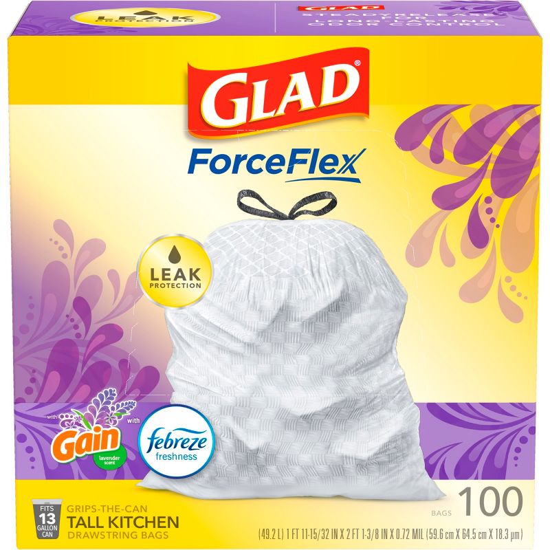 Glad ForceFlex Tall Kitchen Drawstring Trash Bags - Febreze Lavender - 13 Gallon, 2 of 11