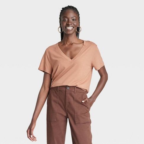 Women's Sleeve V-neck T-shirt - A New Tan Xl Target
