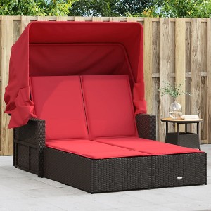 VidaXL Double Sun Lounger with Canopy and Cushions Brown Poly Rattan - 1 of 4