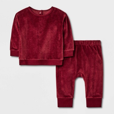 Image of Baby 2pc Ribbed Velour Top & Bottom Set - Cat & Jack™ Maroon 0-3M