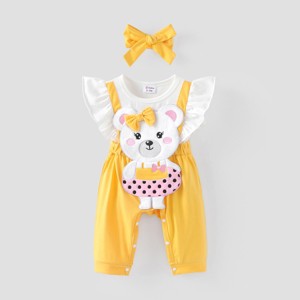 PATPAT Baby Girl Cute Bear Romper Set with Headband, Yellow Ruffled Sleeve Jumpsuits - 1 of 4