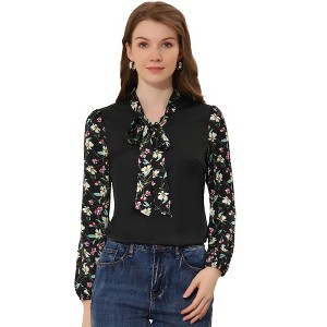 Allegra K Women's Contrast Floral Panel Bow Neck Long Sleeve Work Blouse - 1 of 4