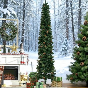 Slim Artificial Christmas Tree with Realistic Branches and Pine Cones, Metal Base for Holiday Décor – 9.5 FT - 1 of 4