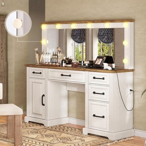 AMERLIFE 55" W Makeup Vanity with Hollywood Mirror, Glass Top Vanity with 5 Drawers - 1 of 4