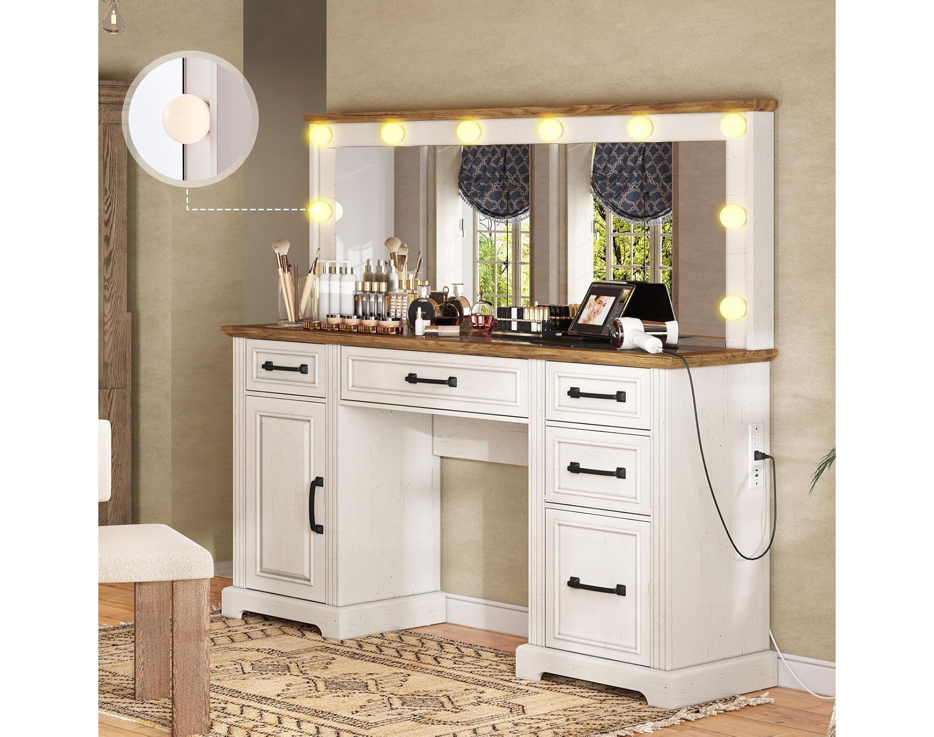 AMERLIFE 55" W Makeup Vanity with Hollywood Mirror, Glass Top Vanity with 5 Drawers,  Antique White