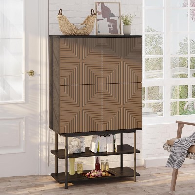SAINTCY Mid Century Modern Bar Cabinet with Lights, 55" Tall Wine Storage Buffet with Glass Rack, Living Room Dry Bar Cabinet
