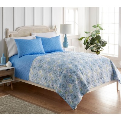Blue Poppies Twin Microfiber Reversible Quilt Set