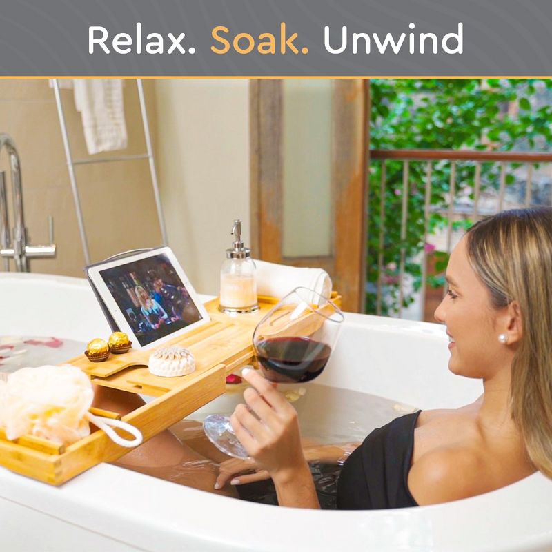 Luxury Bamboo Bathtub Tray Caddy - Expandable and Nonslip Bath Caddy with Book/Tablet and Wine Glass Holder - Best Gift for Him or Her, 2 of 8
