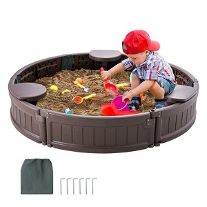 Round Kids Sandbox with Cover, 47in HDPE Outdoor Sand Pit with Corner Seats & Bottom Liner - 1 of 4