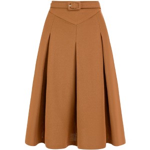 INSPIRE CHIC Women's Belted Waist Casual Knee Length Pleated A-Line Skirt - 1 of 4