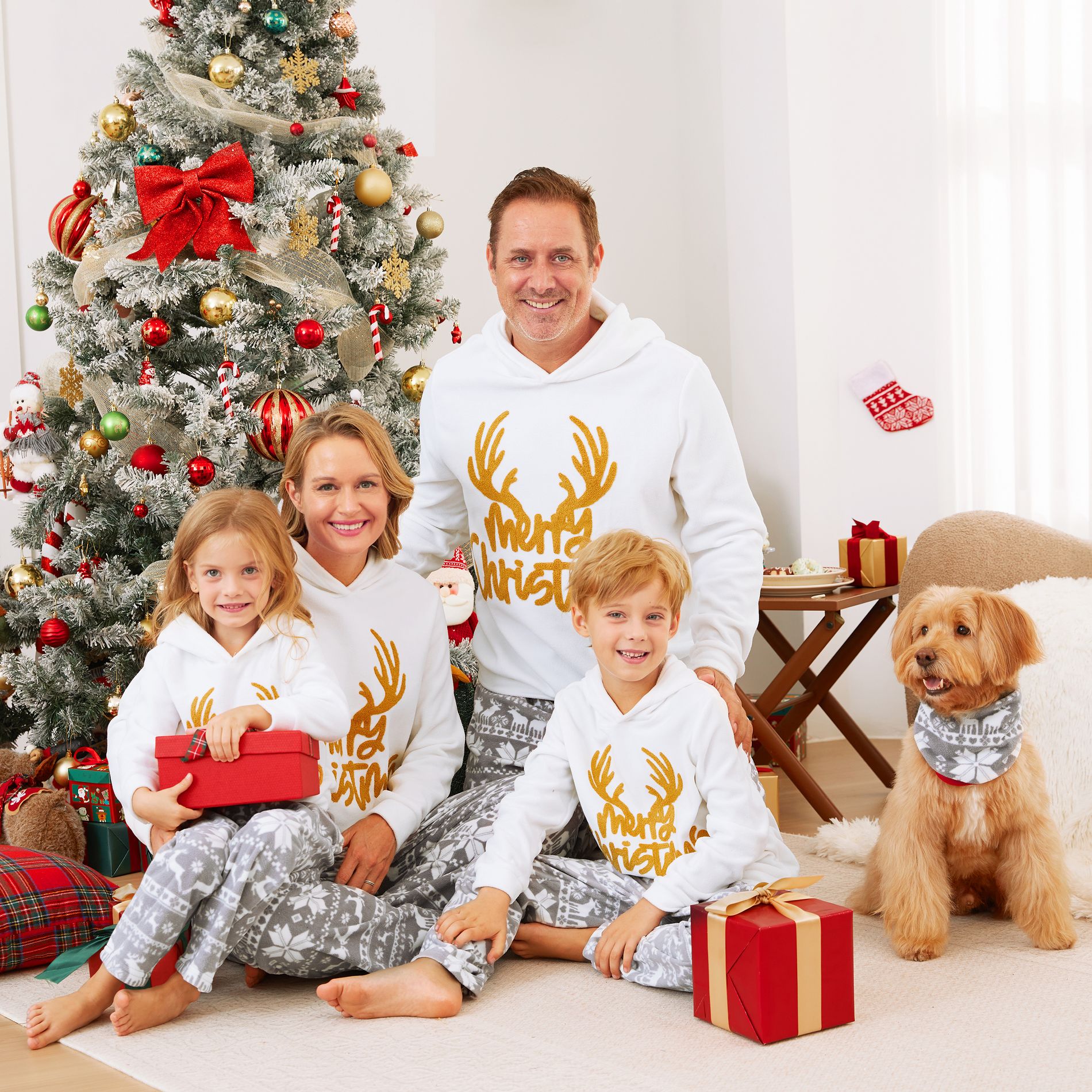 PATPAT Christmas Family Matching Letters Embroidered Long-sleeve Hooded Fleece Pajamas Sets with Christmas Socks White