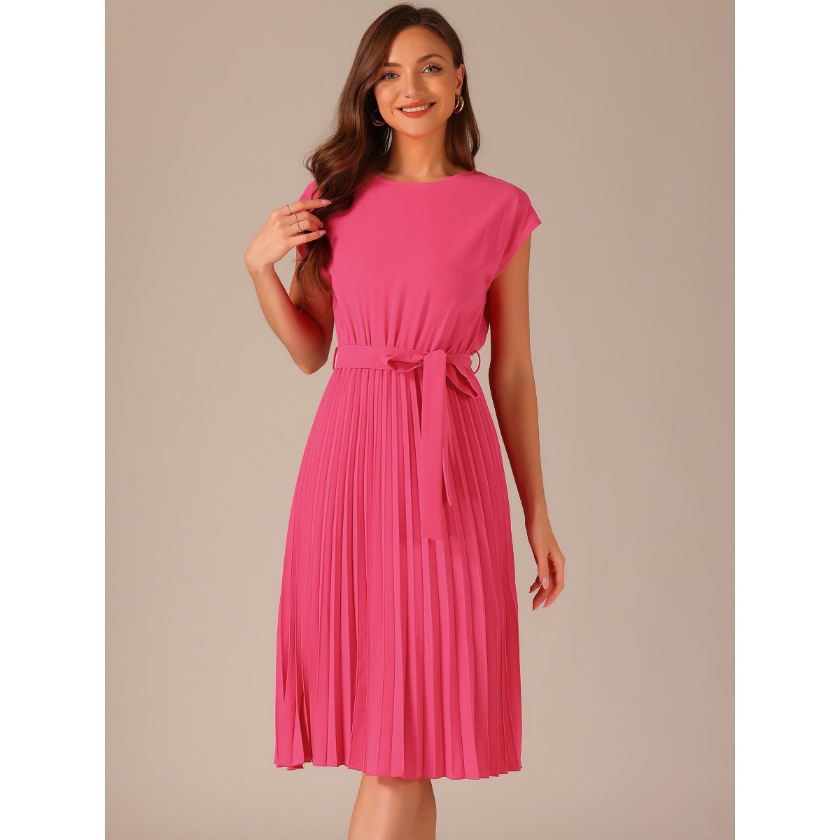 Женские платья INSPIRE CHIC Women's Pleated Crew Neck Cap Sleeve Tie Waist A-Line Dresses Small Hot Pink — фото 3