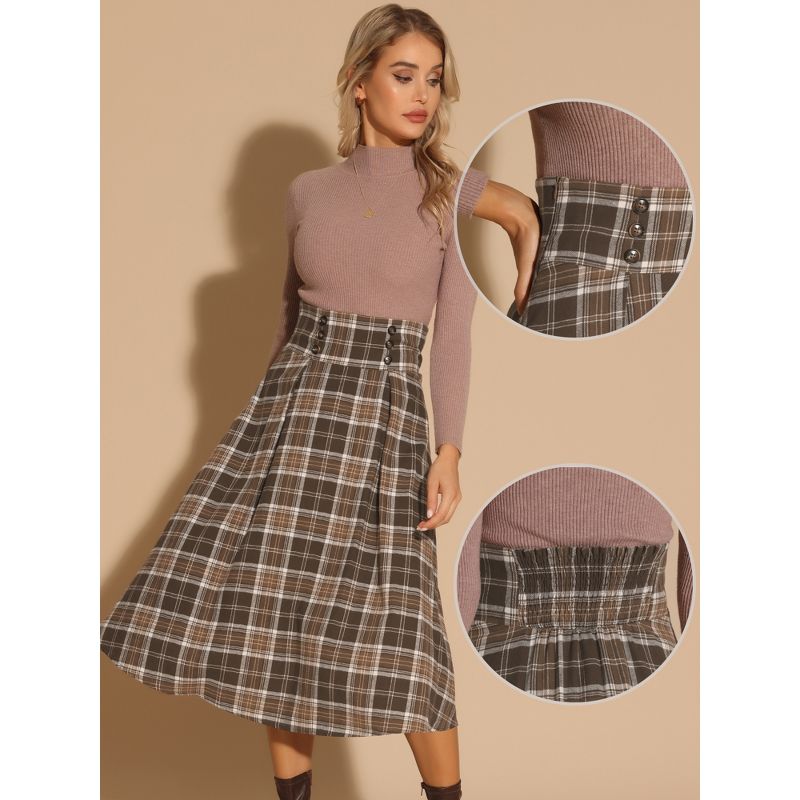 Allegra K Women's Plaid High Elastic Waist Vintage Fall A-Line Midi Skirt, 2 of 6
