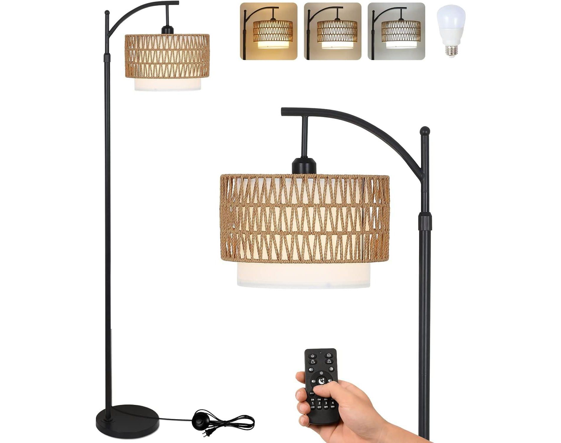 Arc Floor Lamp with 3 Color Temperatures, Remote Control, Dimmable, Adjustable Tall with Rattan and Fabric Shades for Farmhouse Living Room