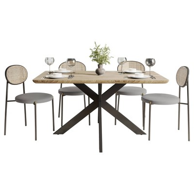 LeisureMod Ravenna 5-Piece Dining Set - 63" Rectangular MDF Top Dining Table in Maple & 4 Velvet Dining Chairs in Black Steel Legs
