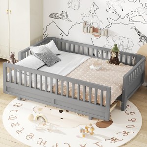 KWPZQEB Platform Bed for Kids, Solid Wood Bed Frame with Safety Guardrails and Trundle, Montessori Floor Bed for Girls & Boys - 1 of 4