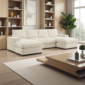 122" Corduroy U-Shaped Sectional Sofa with Deep Seats & Ottomans - 1 of 4