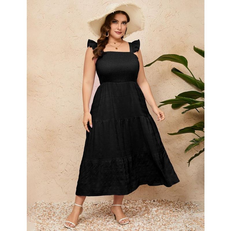 Women Plus Size Sleeveless Maxi Dress Smocked High Waist Tiered Ruffle Summer Casual Midi Dress, 2 of 9