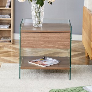 TIRAMISUBEST Woodgrain MDF Bedside Table with drawers,Nightstand with Tempered Glass Sides - 1 of 4
