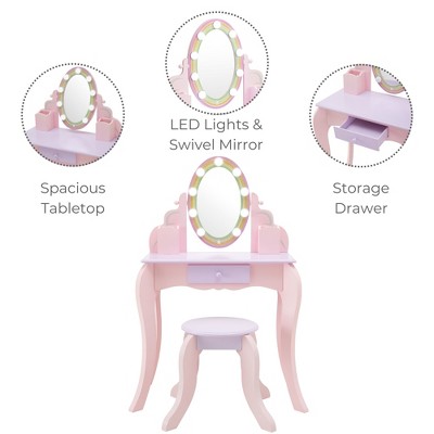 Pink and Lavender Kids Vanity Set with LED Mirror and Stool