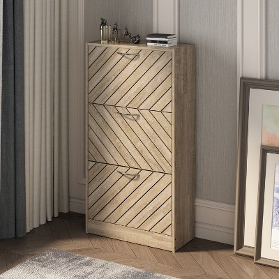 FUFU&GAGA Brown Wood Grain Hollow Line Design Flipping Type Shoe Cabinet