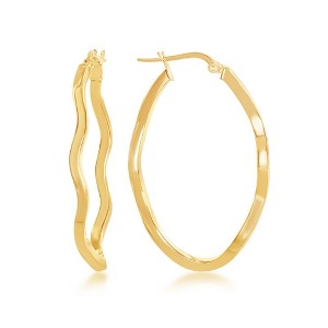Bella Silver Sterling Silver Wavy Designed Oval Hoop Earrings - Gold Plated - Yellow - 1 of 2