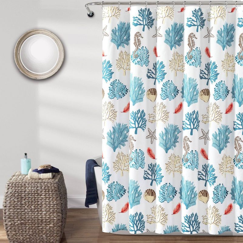Single Reef Feather Shower Curtain Blue/Coral - Lush D&#233;cor, 1 of 9