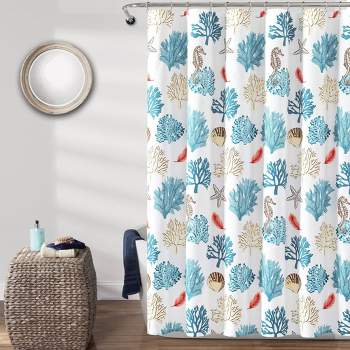 Single Reef Feather Shower Curtain Blue/Coral - Lush Décor