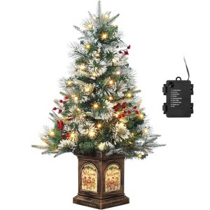 Clearance! 3 FT Artificial Pre-Lit Christmas Tree with Deer Lightbox, Vintage Potted Base, Snow Flocked, Easy Setup - 1 of 4