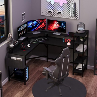 61" L Shaped Gaming Desk, with Monitor Stand, L-Shaped Corner Computer Desks, Built-in LED Lights and Side Storage Pockets, for Small Spaces