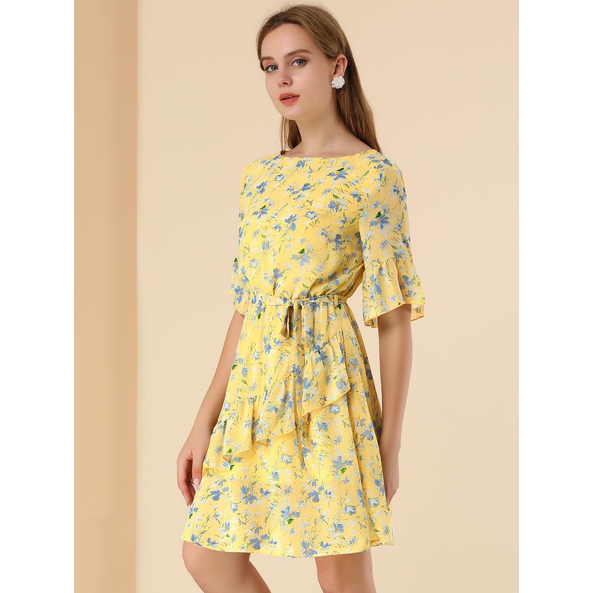 Женские платья INSPIRE CHIC Women's Floral Round Neck Short Sleeve Dress Yellow Medium — фото 4