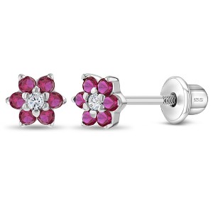 Girls' CZ Cluster Flower Screw Back Sterling Silver Earrings - In Season Jewelry - 1 of 4