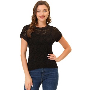 Allegra K Women's Curved Hem Sheer Short Sleeves Floral Lace Blouse - 1 of 4