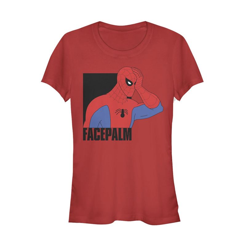 Juniors Womens Marvel Spider-Man Facepalm T-Shirt, 1 of 4