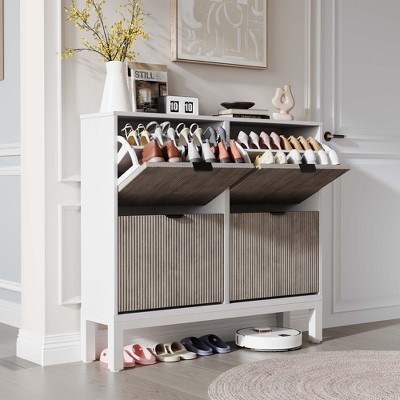 Shoe Storage Cabinet with 4 Flip Drawers, Farmhouse Fluted Shoe Organizer with Metal Legs