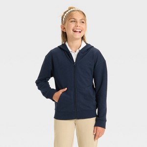 Girls' French Terry Zip-Up Hoodie Uniform Sweatshirt - Cat & Jack™ Blue - 1 of 3