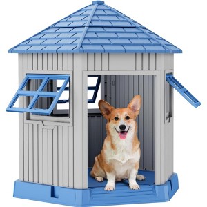 NAYSAYE Dog House Indoor Outdoor Durable Dog Shelter Dog Kennel with Window, Elevated Floor for Small Medium Dogs Home, Blue, 34.8"*30.51"*36.89" - 1 of 4