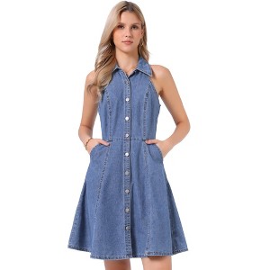 INSPIRE CHIC Women's Lightweight Halter Neck Button Down A-Line Denim Dress - 1 of 4