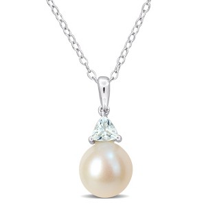 EVERLY JEWELRY | Sterling Silver 1/5 CT TGW Aquamarine And 8 - 8.5 MM White Freshwater Cultured Pearl Fashion Pendant With Chain, 18-inch - 1 of 4