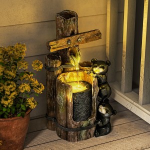 Outsunny 22.8" Outdoor Water Fountain, 3-Tier Floor Standing Resin Bears on Log Waterfall Fountain with LED Lights, Pump - 1 of 4