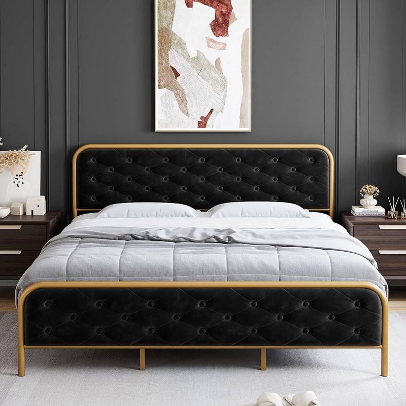 Double Bed Frame, Sponge Bed Frame, Wood Slat Supports, Springless Bed, Upholstered Bed Frame with Velvet Tufted Headboard, Black+Gold, 4 of 7