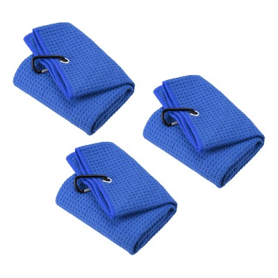 Unique Bargains Super Absorbent Waffle Pattern Tri-Fold Golf Towels with D Clips 3 Pcs