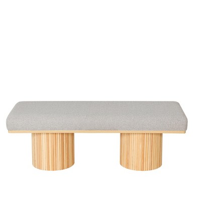 Vynxaria Upholstered Bench with Chunky Legs Light Grey Boucle Fabric Contemporary Style Bed-end Bench for Bedroom Living Room, Natural Wood
