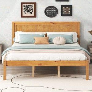 Queen Size Wood Platform Bed Frame with Headboard, Sturdy Slat Support, No Box Spring Required, Espresso Finish - 1 of 4