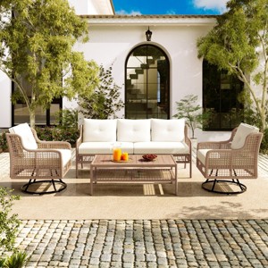 4 Piece Rattan Garden Furniture Sets,Outdoor Wicker Couch,Rattan Outdoor Sectional Sofa Set with Swivel Chairs and Sponge Cushions-Coolbibila - 1 of 4