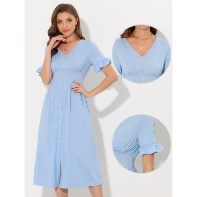 Blue Smocked High Waist Button Midi Dress with Flutter Sleeves