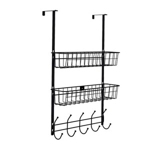 NewHome"Over The Door Hooks Organizer with 5 Hooks & 2 Metal Baskets for Bathroom, Bedroom, Kitchen"Black&Silver - 1 of 4